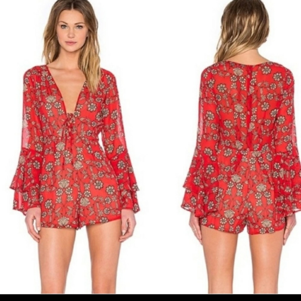 🍋For Love and Lemons Red Pia Floral Romper - S
